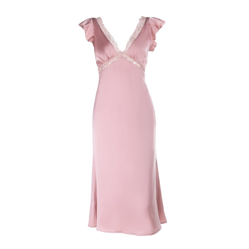 Damen Elegantes Maxikleid mit Spitzenverzierungen und tiefem V-Ausschnitt EB