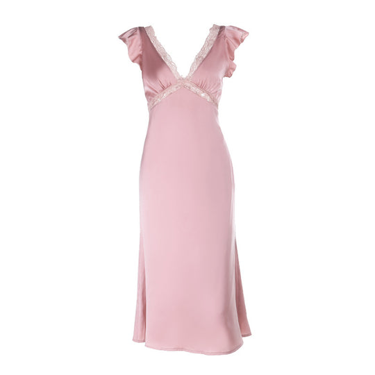 Damen Elegantes Maxikleid mit Spitzenverzierungen und tiefem V-Ausschnitt EB