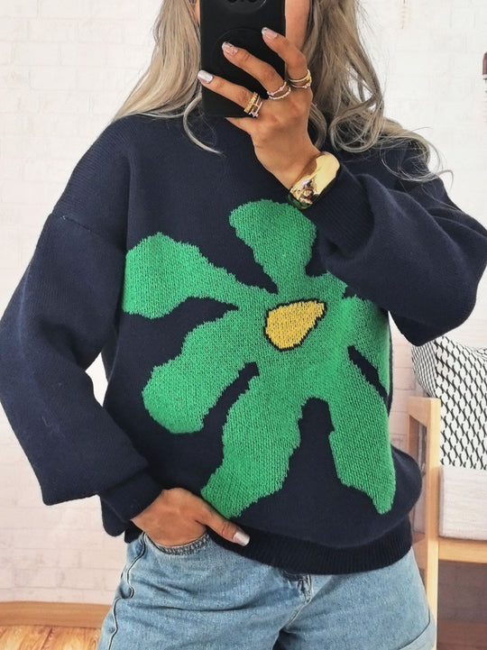 Damen Pullover mit auffälligem Blütenmotiv und lockerer Passform EB