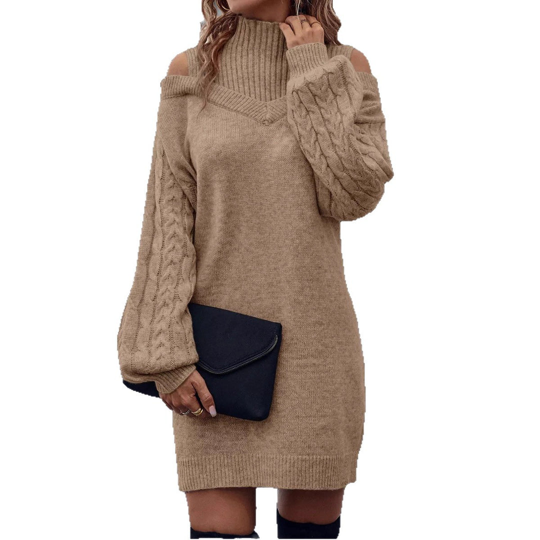 Damen Strickkleid mit schulterfreiem Design und dekorativem Zopfdetail EB
