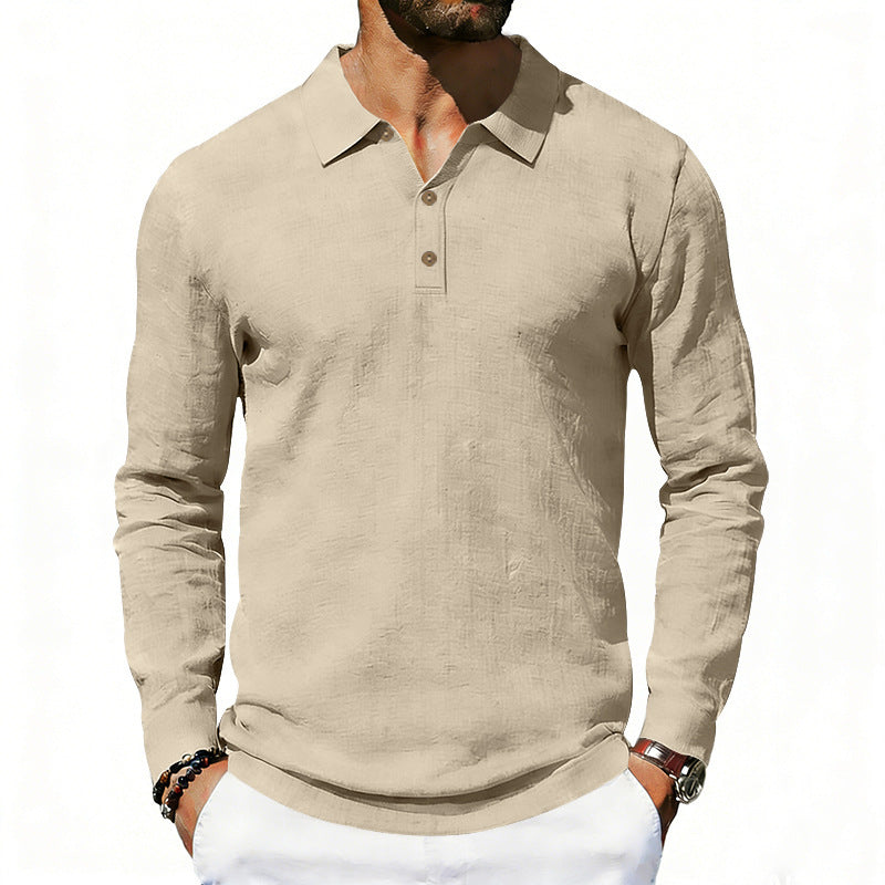 Herren nan Langarm-Poloshirt aus Leinen mit Henley-Knopfleiste und Kentkragen EB