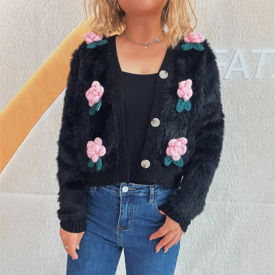 Damen Strickjacke mit floralen Applikationen und weichem Material EB