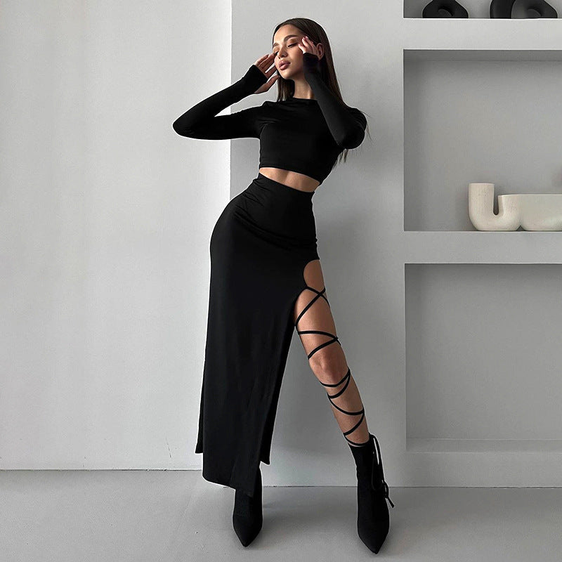 Damen elegantes Langarm-Oberteil mit hohem Bund und seitlichem Cut-Out EB