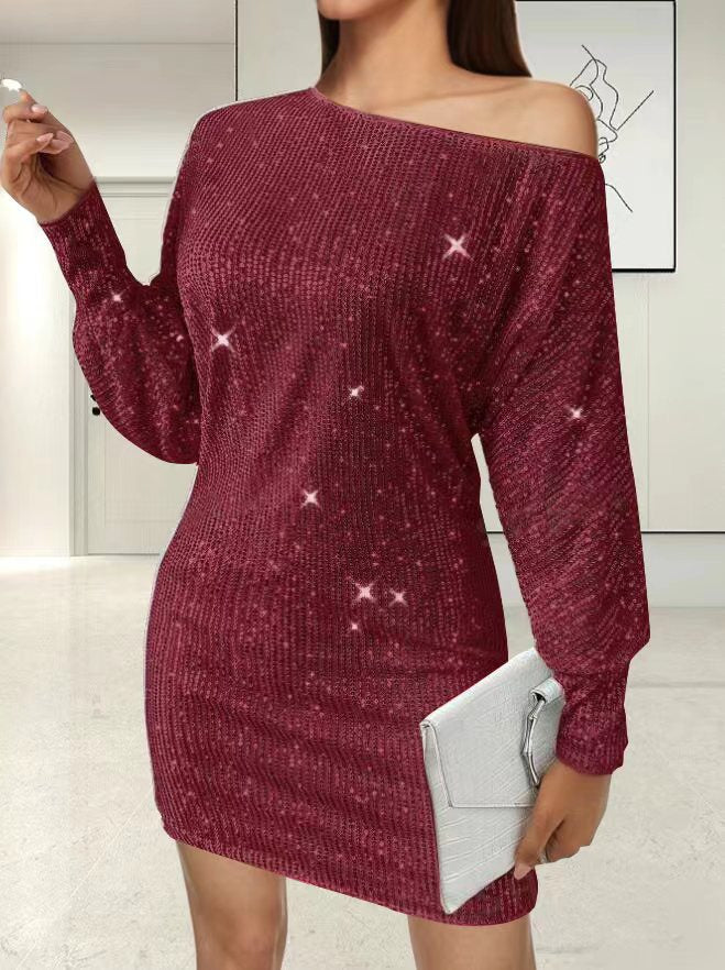 Damen Glamouröses Minikleid mit asymmetrischem Schulterdesign und Funkeleffekten EB