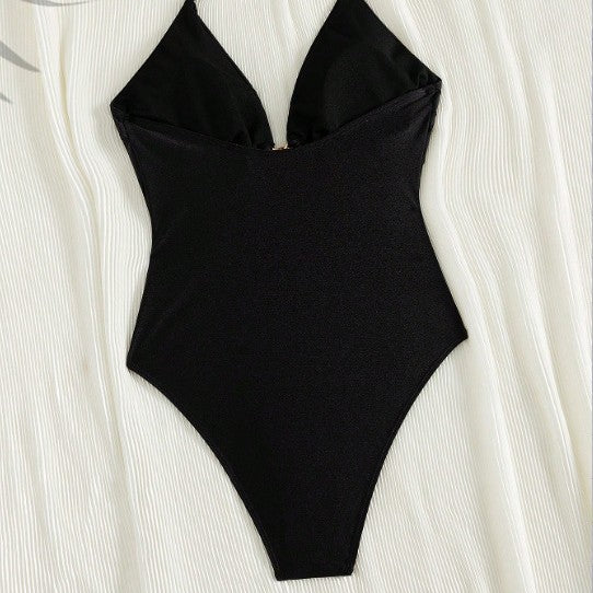 Damen Eleganter Einteiler Badeanzug mit tiefem V-Ausschnitt und glänzender Verzierung EB
