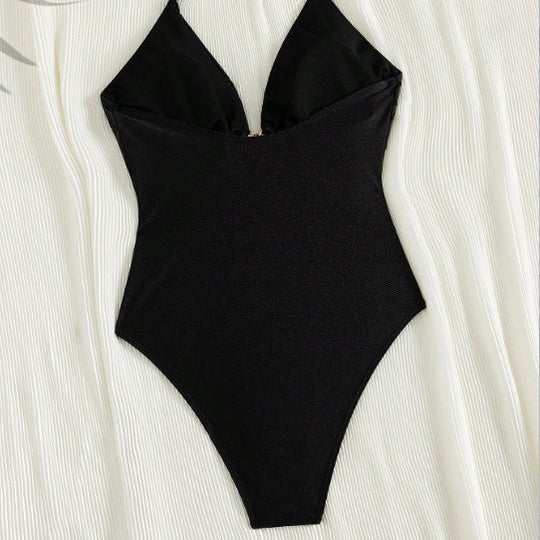 Damen Eleganter Einteiler Badeanzug mit tiefem V-Ausschnitt und glänzender Verzierung EB