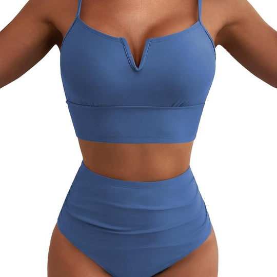 Damen Hochtailliertes Bikini-Set mit V-Ausschnitt und breiten Trägern EB