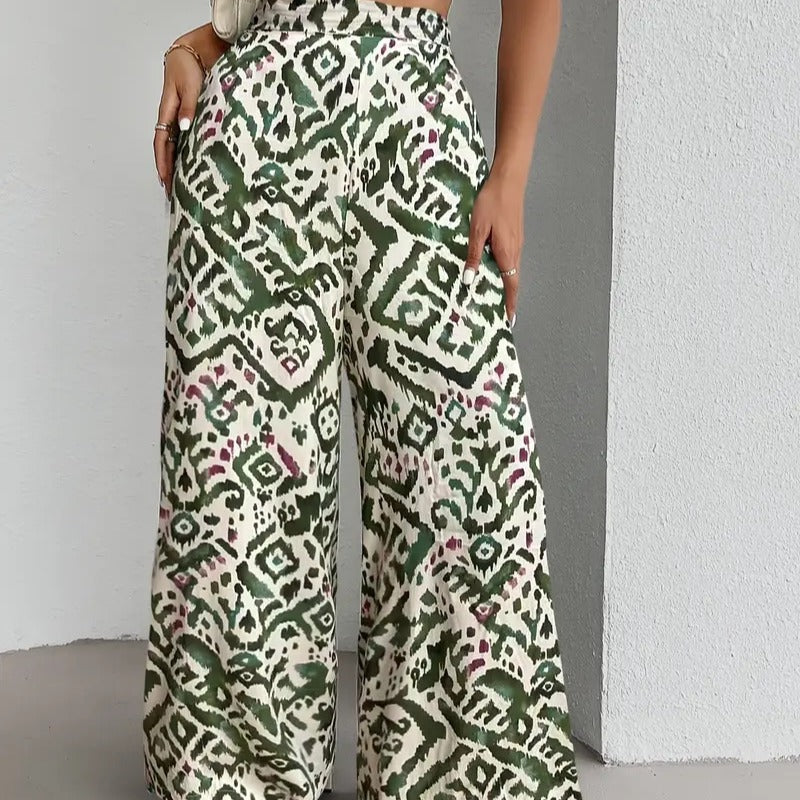 Damen Weite Palazzo-Hosen mit farbenfrohem Muster und hohem Taillenbund EB