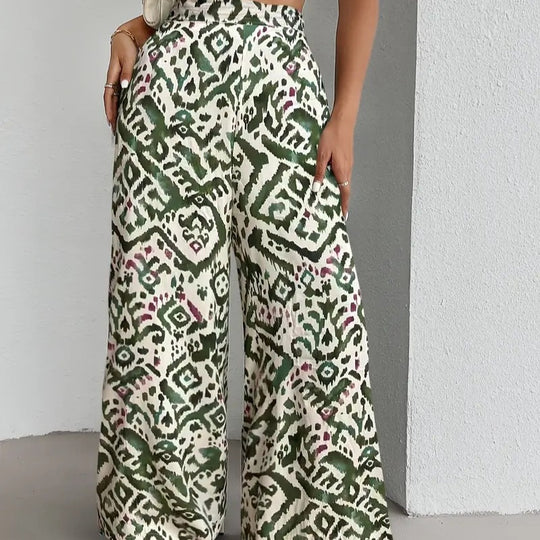 Damen Weite Palazzo-Hosen mit farbenfrohem Muster und hohem Taillenbund EB