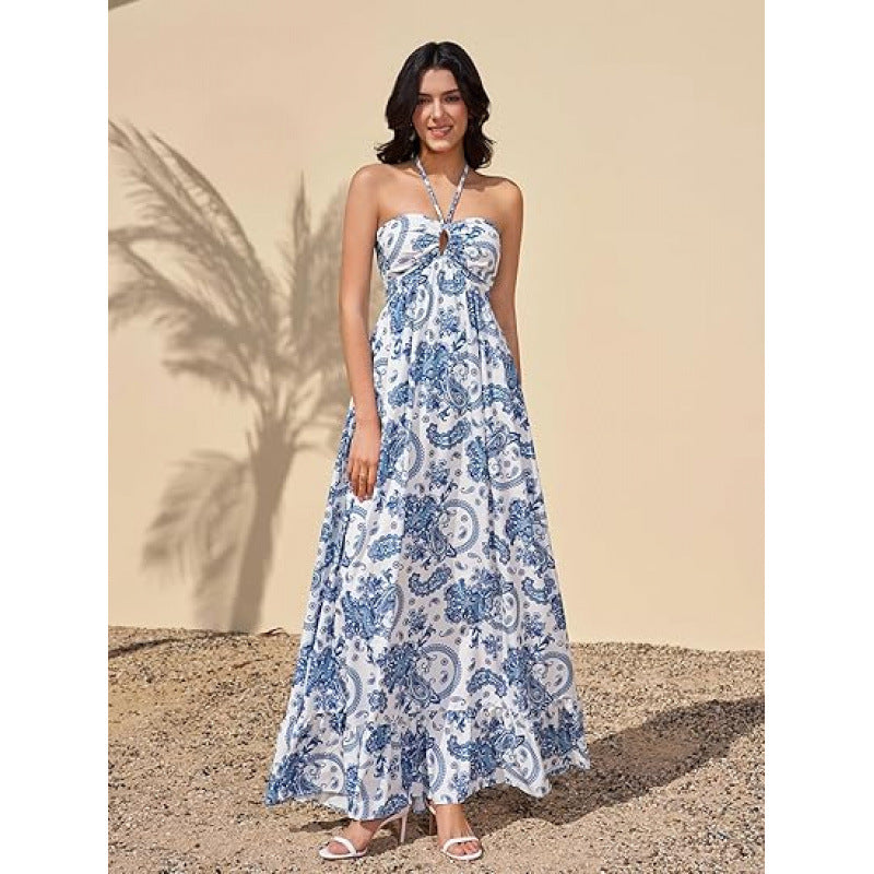 Damen Maxikleid im zeitlosen Paisleymuster mit schulterfreiem Design und voluminösem Saum EB