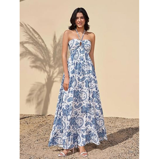 Damen Maxikleid im zeitlosen Paisleymuster mit schulterfreiem Design und voluminösem Saum EB