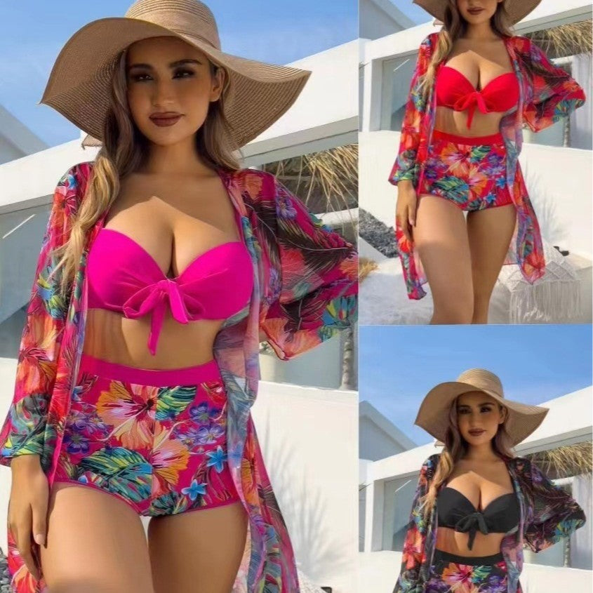 Damen Hochtailliertes Bikini-Set mit floralem Design und Bändchen EB