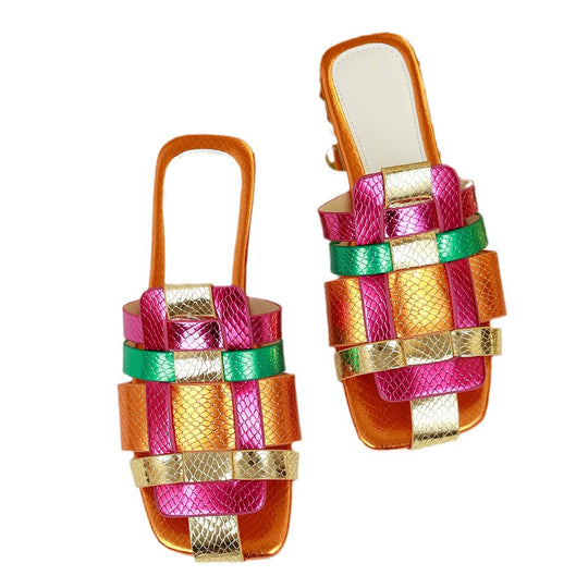Damen Trendige Mules mit buntem Riemendesign EB