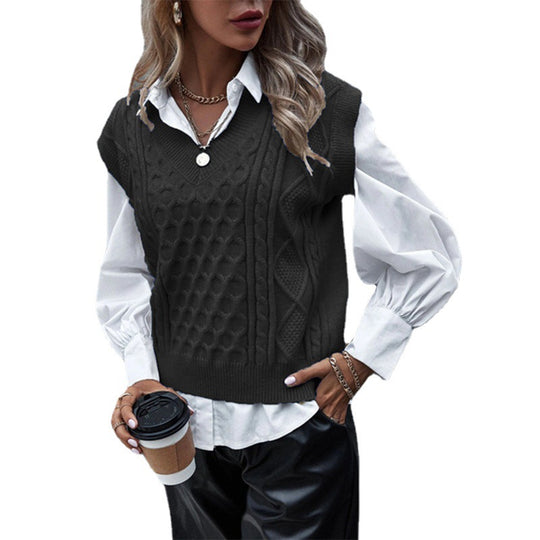 Damen Strickpullover mit Zopfmuster und V-Ausschnitt EB