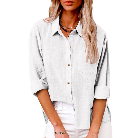 Damen nan oversized Leinen-Baumwollmix Hemdbluse mit Brusttasche und krempelbaren Ärmeln EB
