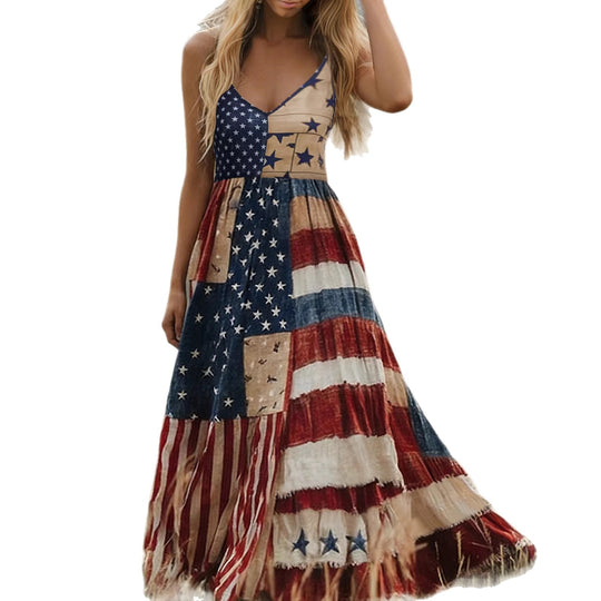 Damen Lange Sommerkleid mit buntem Patchwork-Design und V-Ausschnitt EB