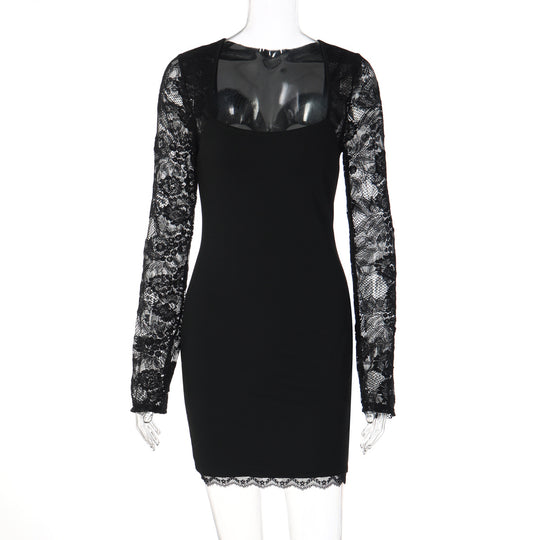 Damen Elegantes Kleid mit Spitzenärmeln und transparentem Dekolleté EB