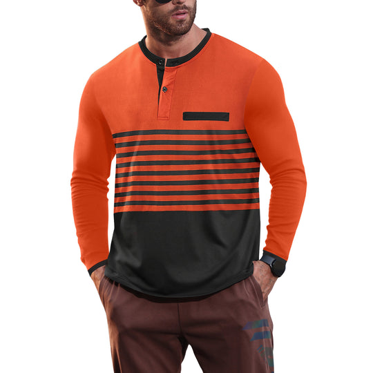 Herren nan modernes Langarm-Polo mit Henley-Blende gestreifter Brustpartie und Stehkragen EB