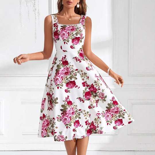 Damen Fließendes Blumenkleid mit weitem Rock und eleganter Taillierung EB