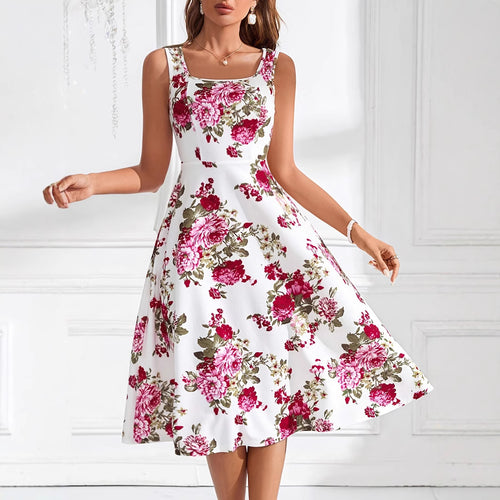 Damen Fließendes Blumenkleid mit weitem Rock und eleganter Taillierung EB