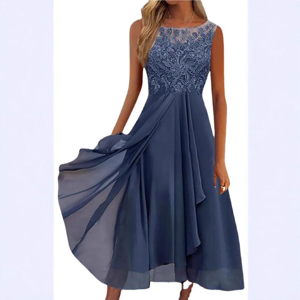 Damen nan ärmelloses Chiffon-Midikleid mit bestickter Illusionsspitze, Schiff-Ausschnitt und mehrlagigem Schwingrock EB