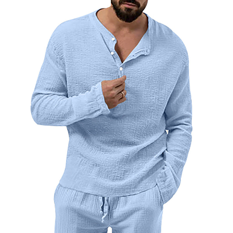 Herren nan entspanntes Henley-Set aus leichter Baumwoll-Gauze mit Kordelbundhose EB