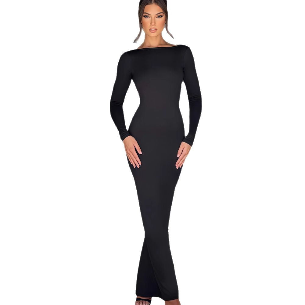 Damen Langarm-Maxikleid mit figurbetonter Silhouette und elegantem Ausschnitt EB
