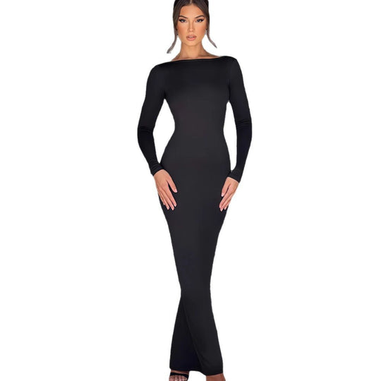 Damen Langarm-Maxikleid mit figurbetonter Silhouette und elegantem Ausschnitt EB