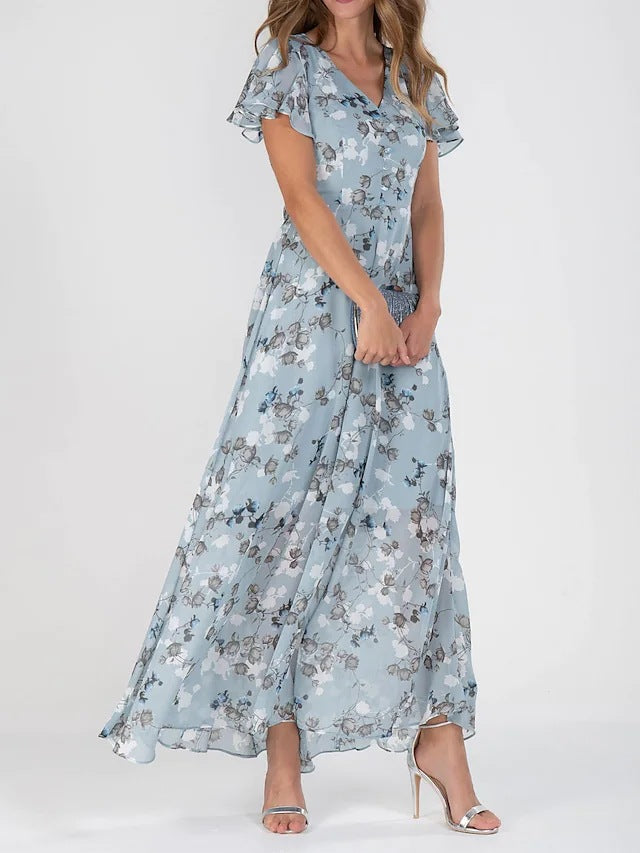 Damen Maxikleid mit floralem Chiffon-Stoff und transparenten Ärmeln EB