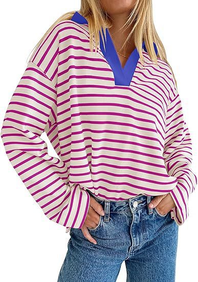 Damen Lässiges gestreiftes Sweatshirt mit V-Ausschnitt und langen Ärmeln EB