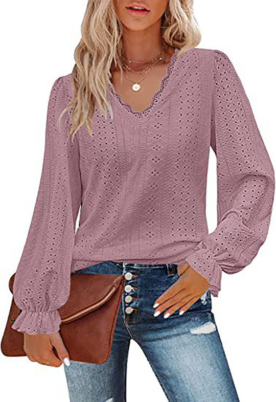 Damen lässige Bluse mit romantischem Spitzenmuster EB