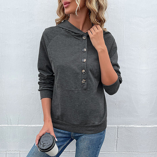 Damen lässiger Kapuzenpullover mit Knopfleiste und Raglanärmeln EB