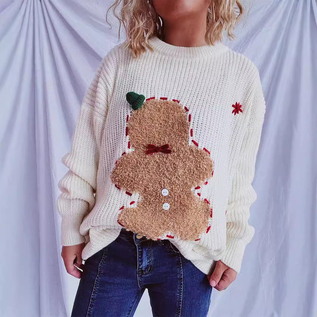 Damen festlicher Pullover mit weihnachtlichem Keksdesign EB