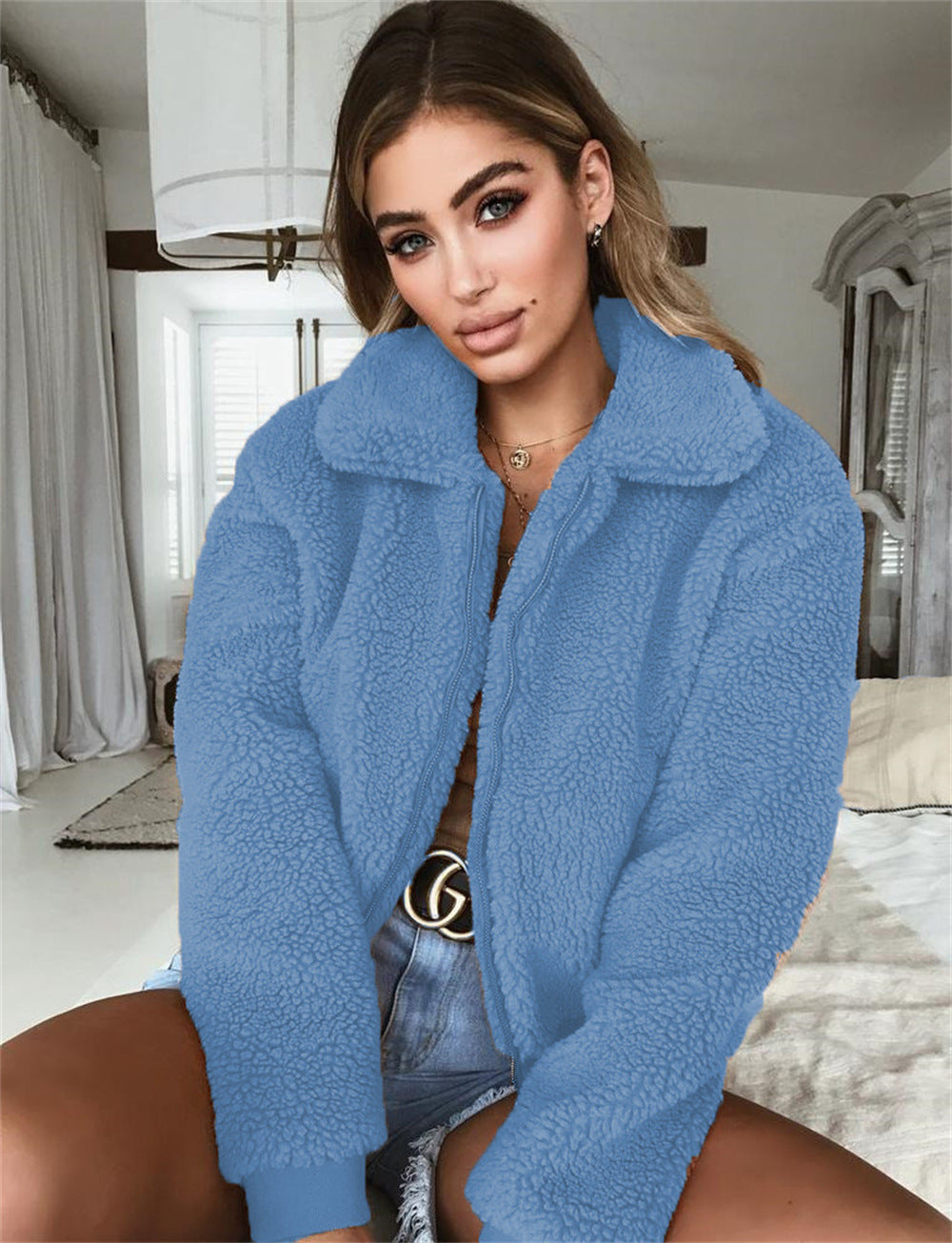 Damen Kuschelige Teddyjacke mit hohem Kragen EB