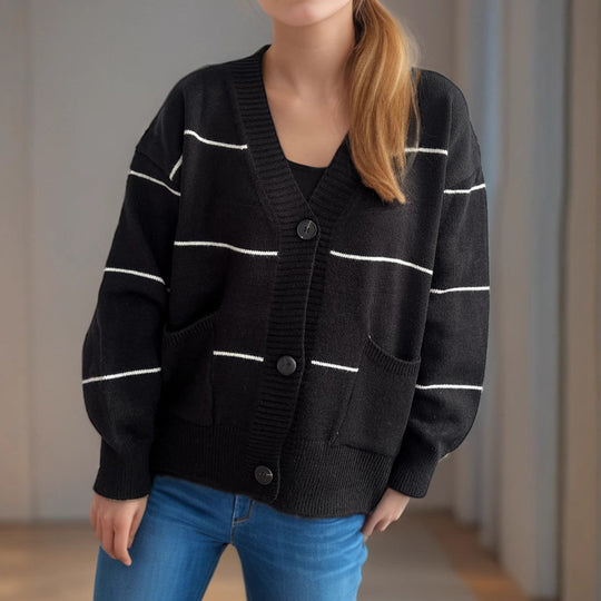 Damen lässige Strickjacke mit praktischen Taschen und modischen Kontraststreifen EB