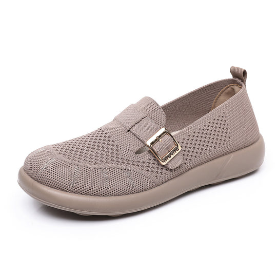 Damen Komfortable Slip-On Schuhe mit flexiblem Strickoberteil und modischem Schnallen-Detail EB