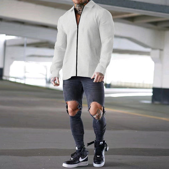 Herren nan strukturierte Zip-Hemdjacke aus Waffelstrick mit Kentkragen und schmaler Silhouette EB