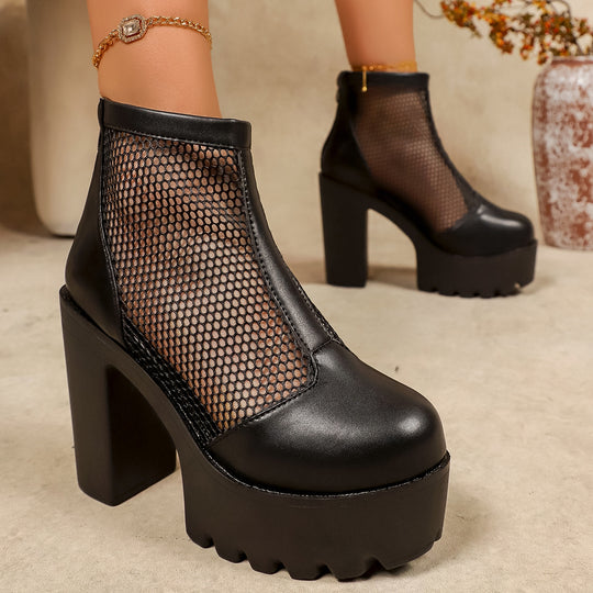 Damen Plateau Stiefeletten mit Netz-Ausschnitt und grobem Blockabsatz EB