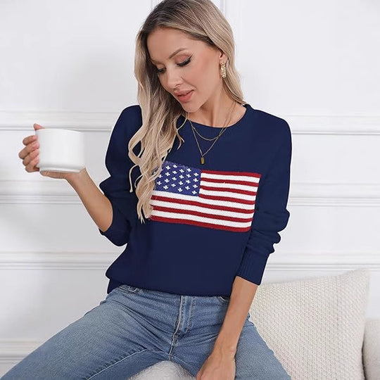 Damen Strickpullover mit Flaggenmotiv und lässigem Schnitt EB