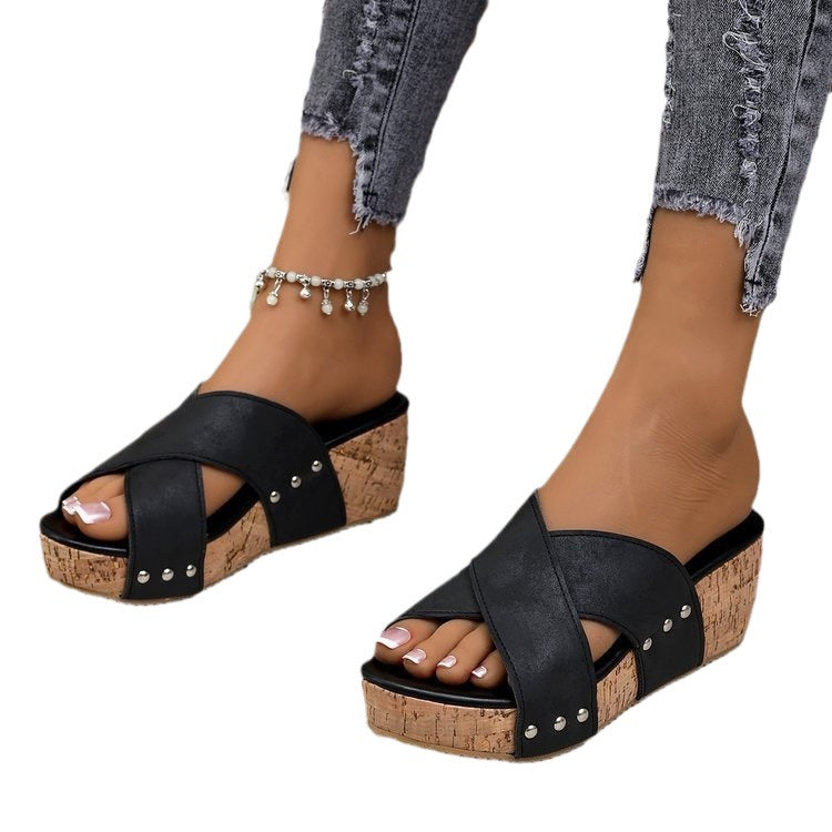 Damen Wedge-Pantoletten mit verstellbarem Riemendesign und Korkabsatz EB