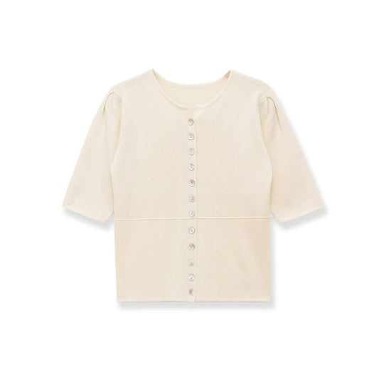 Damen kurzärmlige Strickjacke mit Knöpfen und raffinierter Raffung EB