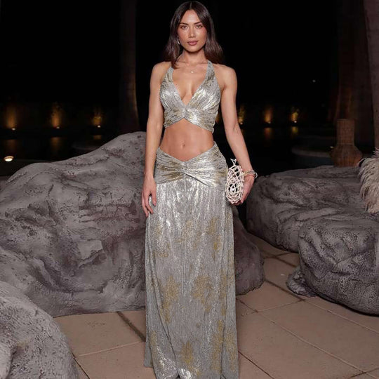 Damen Zweiteiliges glitzerndes Maxikleid mit raffinierten Schnürdetails EB