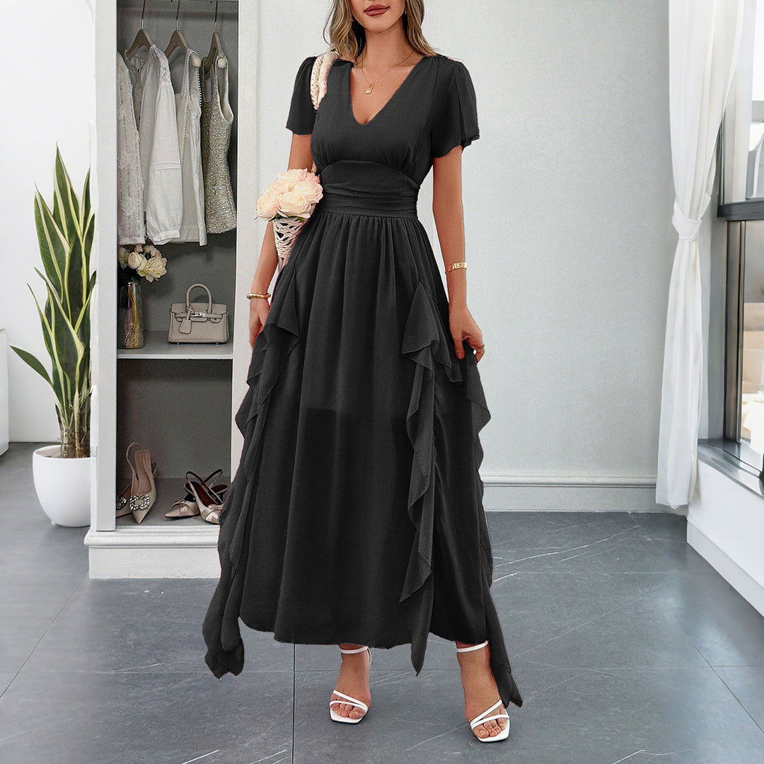 Damen Maxi-Kleid mit fließendem Rüschendesign und V-Ausschnitt EB