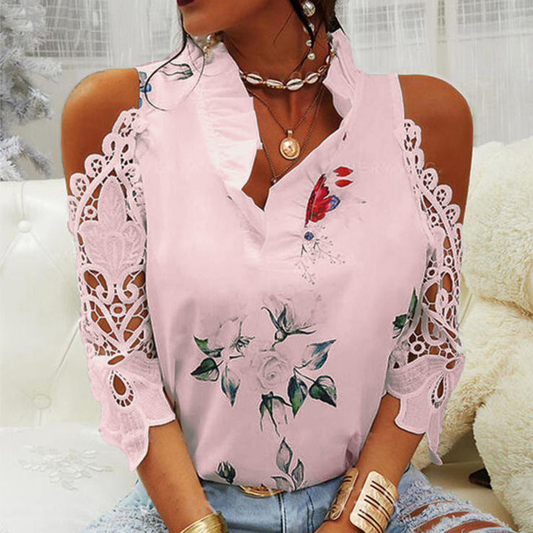 Damen Bluse mit Cut-Out-Ärmeln und floralem Design EB
