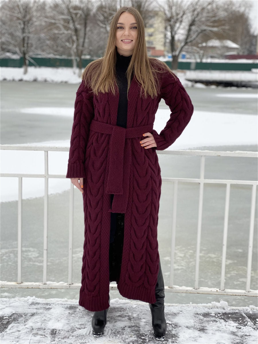 Damen Grobstrick-Mantel mit markantem Zopfdesign und offenem Schnitt EB