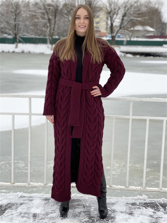Damen Grobstrick-Mantel mit markantem Zopfdesign und offenem Schnitt EB