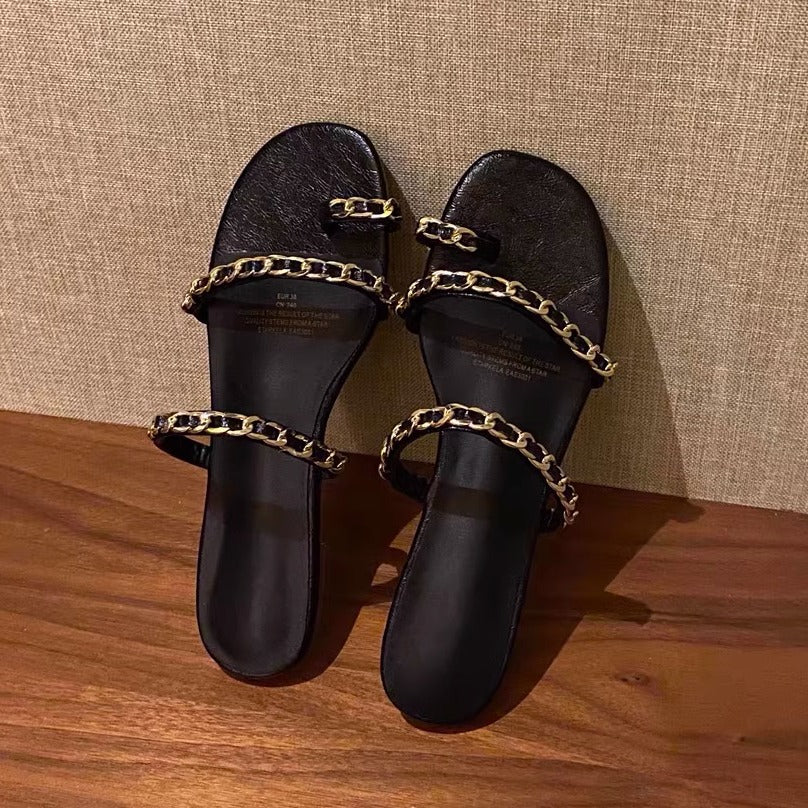 Damen elegante Zehentrenner-Sandalen mit modischen Gliederketten-Details EB