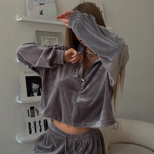 Damen Samt-Loungewear-Set mit kurzem Reißverschluss-Sweater und weitem Kordelzug-Hose EB