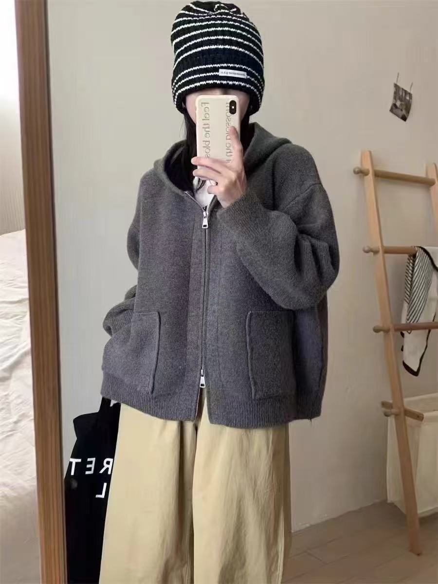Damen Casual Oversized Strickjacke mit Kapuze und Taschen EB