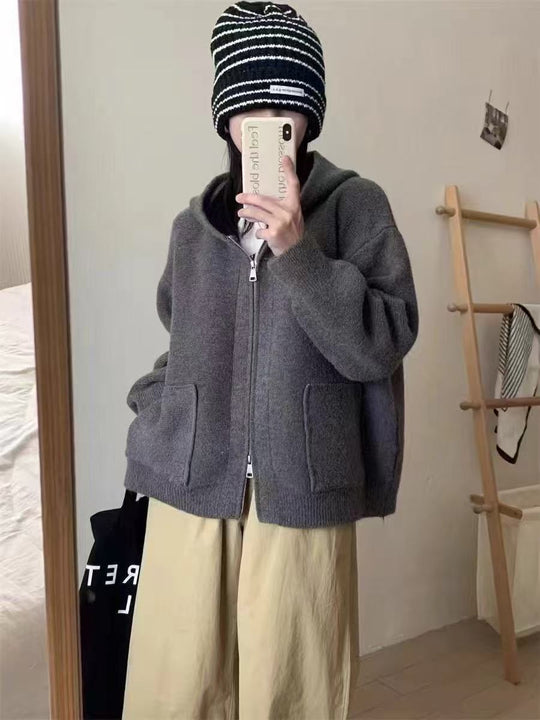 Damen Casual Oversized Strickjacke mit Kapuze und Taschen EB